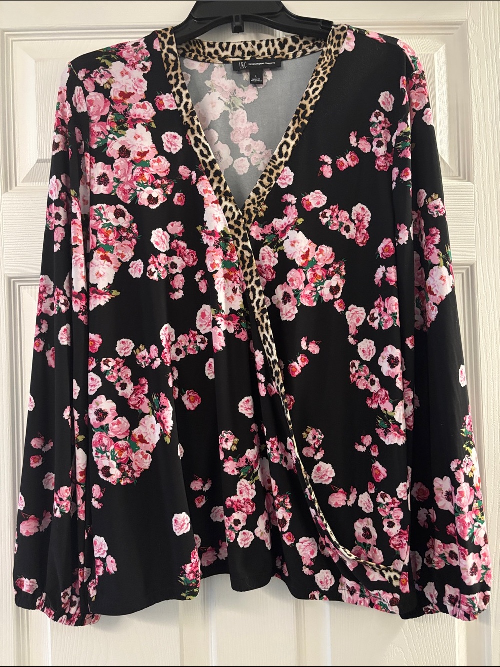 INC International Concepts Black Floral Wrap Top with Leopard Trim Accent